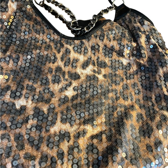 Leopard Print Women's tote XL y2k shoulder bag sequin’s side heavy chain straps - Picture 5 of 12
